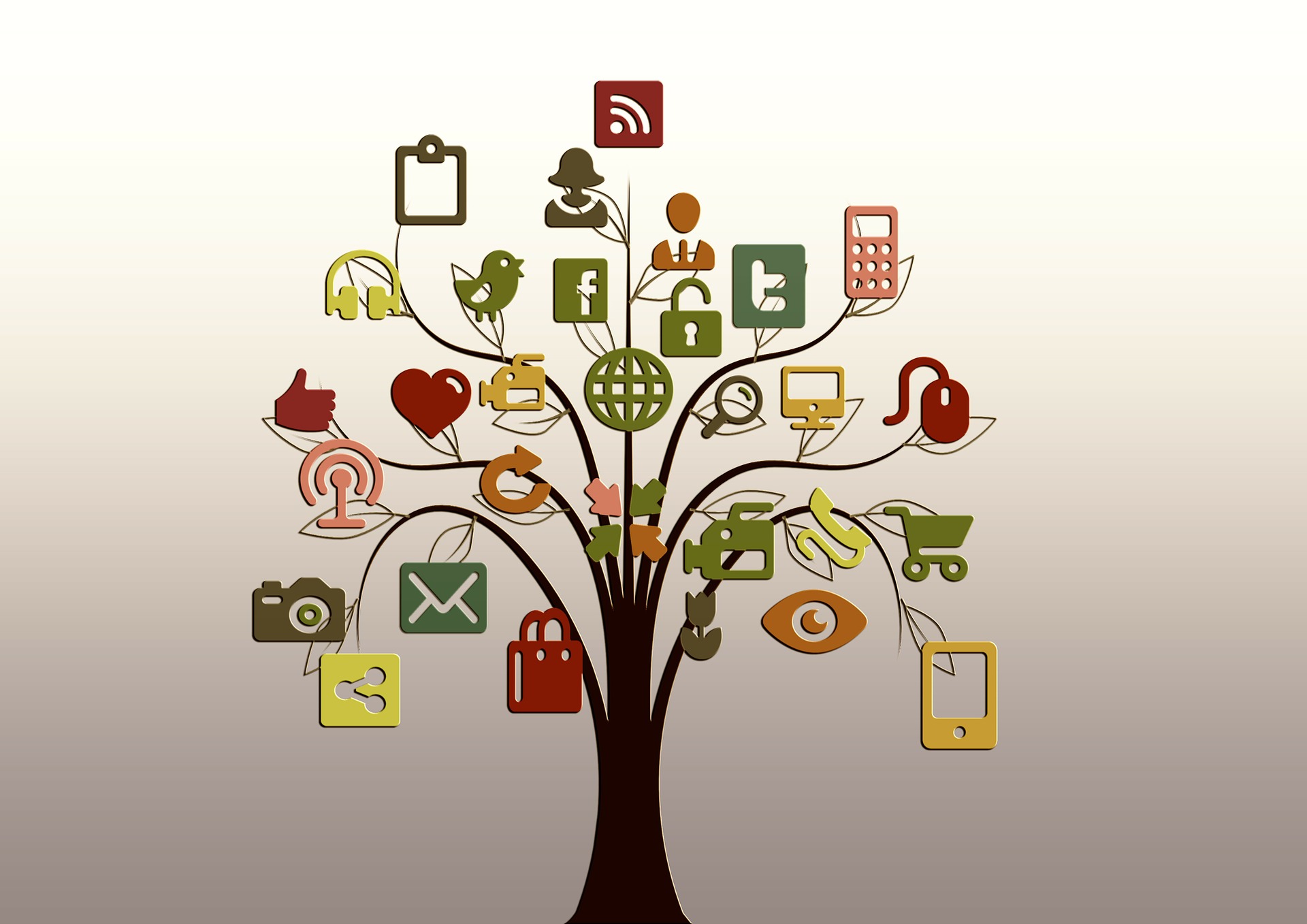 A tree with online and social icons